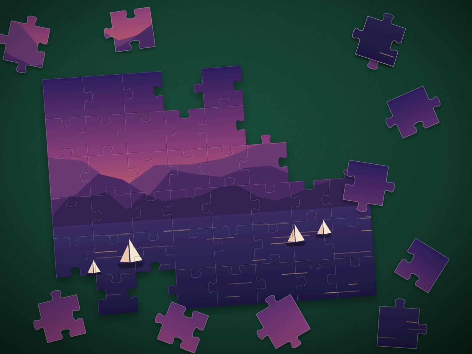 A half-finished jigsaw puzzle of sailboats at dusk on a green table, with loose pieces around it